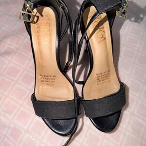 Studio Black Strappy Heels with Gold Buckle